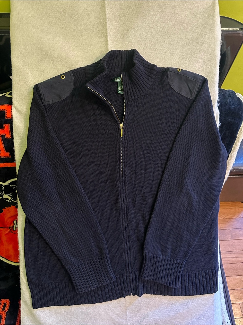 Lauren Ralph Lauren Full Zip Sweater Women 3X Navy Blue Knit Shoulder Patches